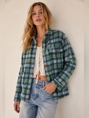 American Eagle Plaid Flannel Shacket Green Blue Gold Buttons | Size S